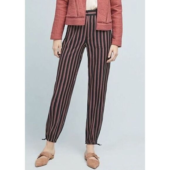 Anthropologie Striped Ankle Tie Jogger Pants Women’s Size Small Black Burgundy - Picture 1 of 6